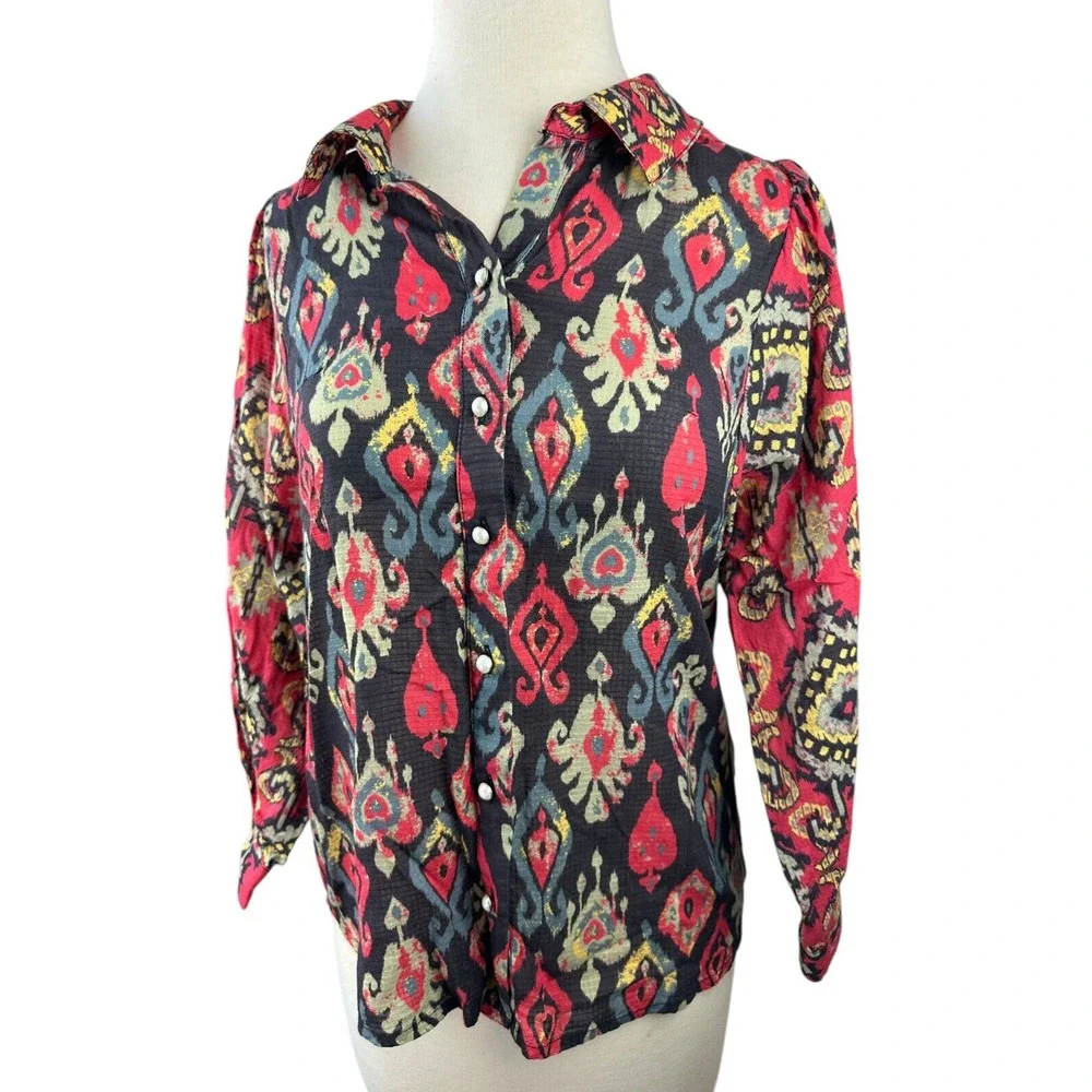Anthropologie Forever That Girl Ikat Paisley Contrast Print Top Button Blouse XS - Picture 4 of 16